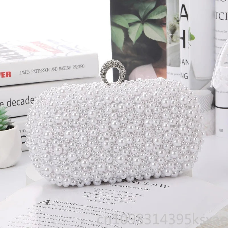 Elegant Pearl Evening Shoulder Bag Soft Small Square Purse with Lock for Women Wedding Bridal Crossbody Party