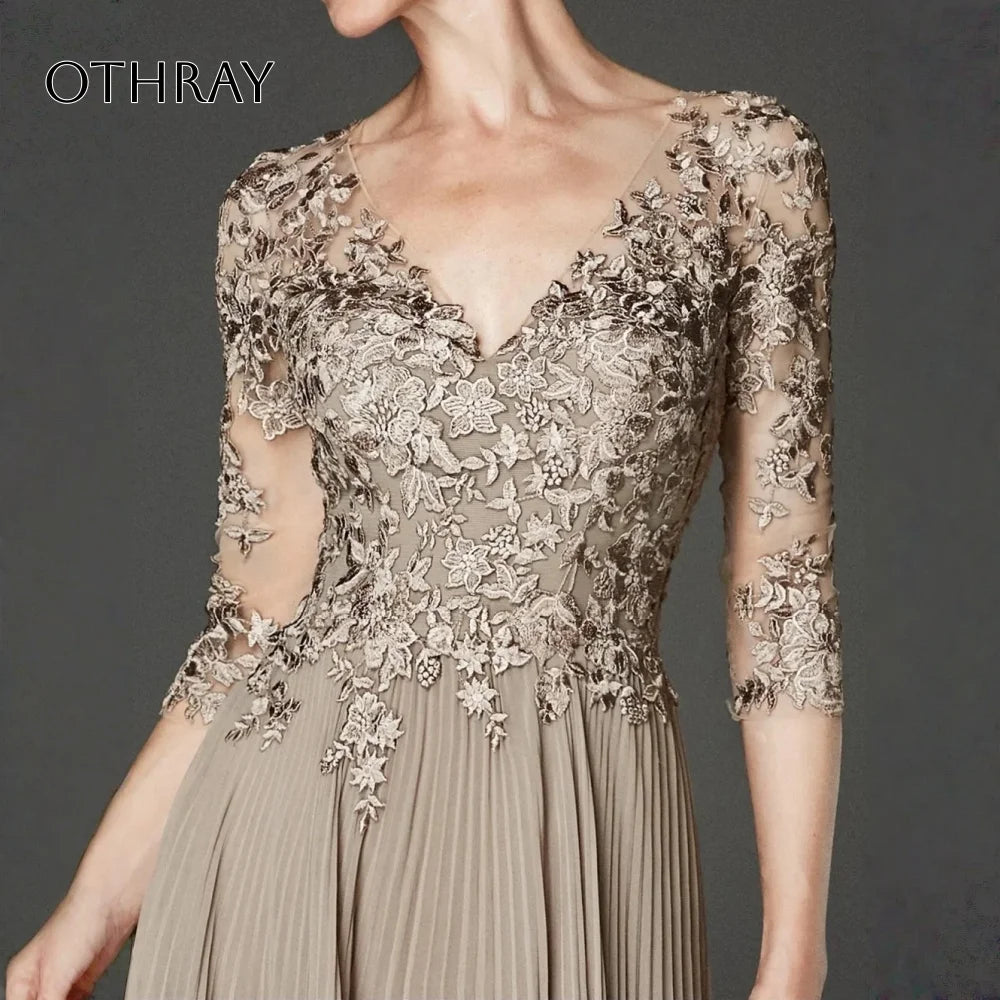 Wedding Party Guest Evening Dresses Femme Robe De Soiree New Elegant Champagne Gold Ruched Half Sleeve Long Prom Gwon