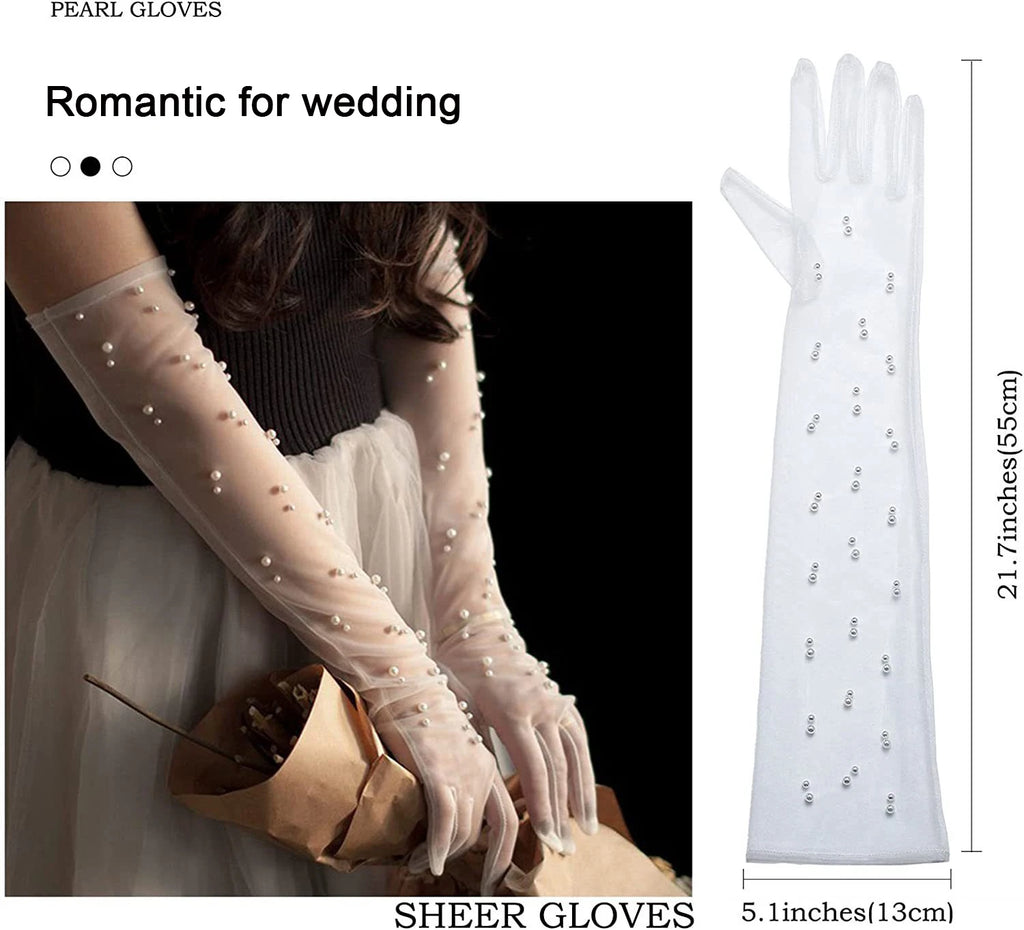 Elegant Pearl Beaded Long Elbow Bridal Gloves for Wedding Party Finger Tulle Gloves Marriage Accessories