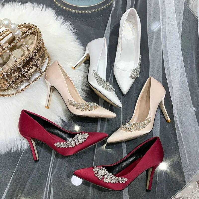2026 New Bride White Wedding Shoes Women's Champagne Bridesmaids Shoes High Heels Wine Red Shoes