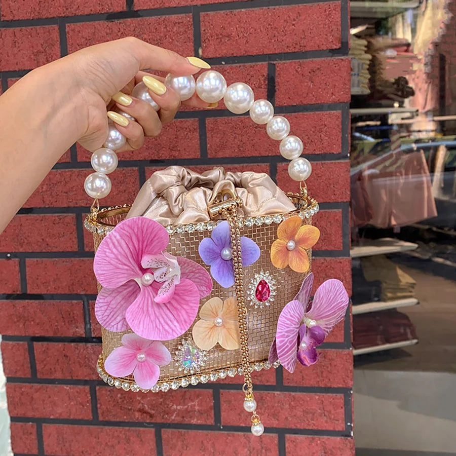 Beaded Handle Clutch Purse for Women Flower Crossbody Bag Birdcage Diamond Handbag Evening Bag Wedding Party Banquet Bucket Bags