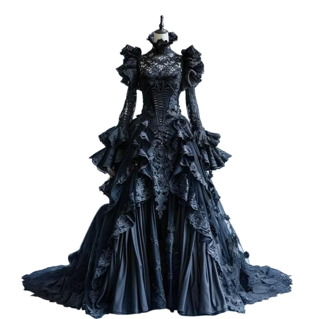 Black Gothic Vampire Wedding Dress High Neck Lace Long Flared Sleeve Ruffle Appliques Victorian Vintage Bridal Gown Customized