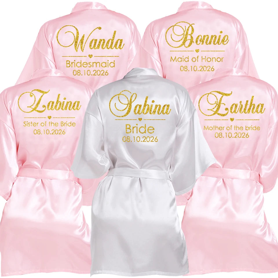 Customized Name Date Wedding Bathrobe Faux Silk Bridal Robe Bride Bridesmaid Wedding Robes Woman Bachelorette Hen Party