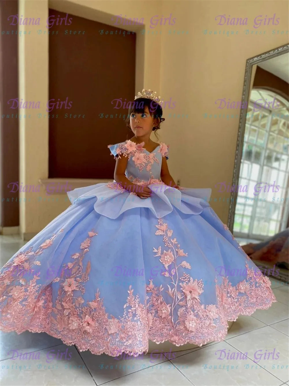 Off-Shoulder Blue Flower Girl Dress