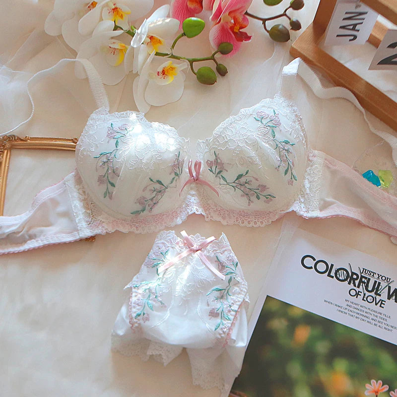 Bridal Floral Embroidery Lace Women Lingerie Set Thin Round Home with Steel Ring Bra Underpants Suit