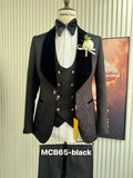 Thorndike Mens Wedding Suits White Jacquard with Black Satin Collar Tuxedo3 Pcs Groom Terno Suits for Men(Jacket+Vest+Pants)