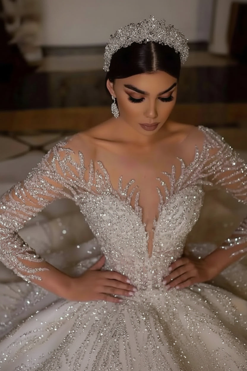 Newest Wedding Dresses For Bride  Ball Gown Sweetheart Neckline Full Sleeves With Beading Sequined Customized Vestidos De Novias