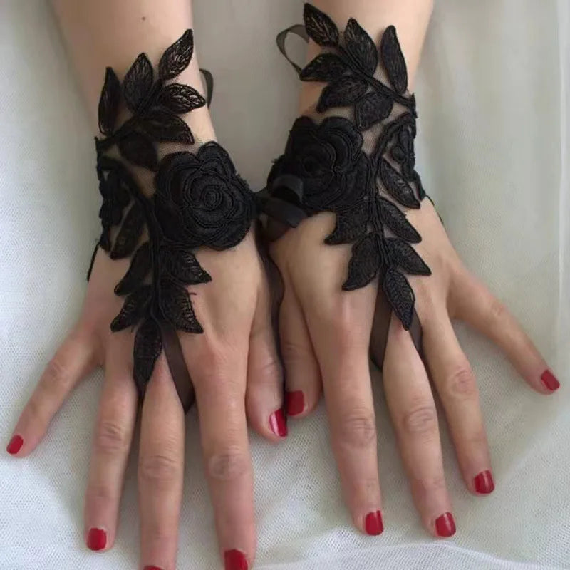 Lace Bridal Gown Gloves Handmade Fingertip-less Gloves for Western Theme Wedding Party, Women's Sleeveless Gloves