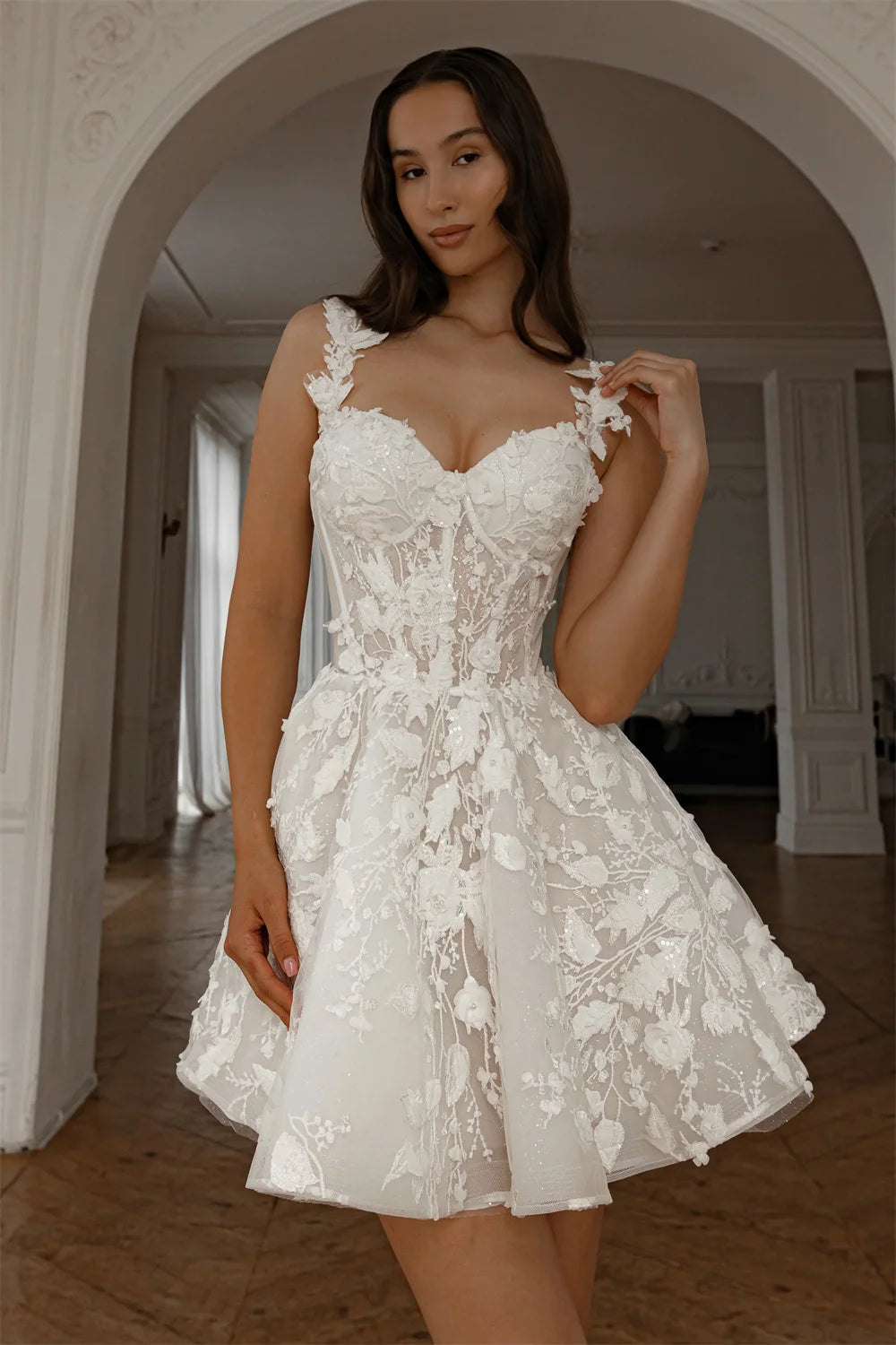 Beautiful Two Straps Sweethat Full 3d Flower Lace Appllque Short/Mini Wedding Dresses Custom Made Bridal Grown Vestido De Noival