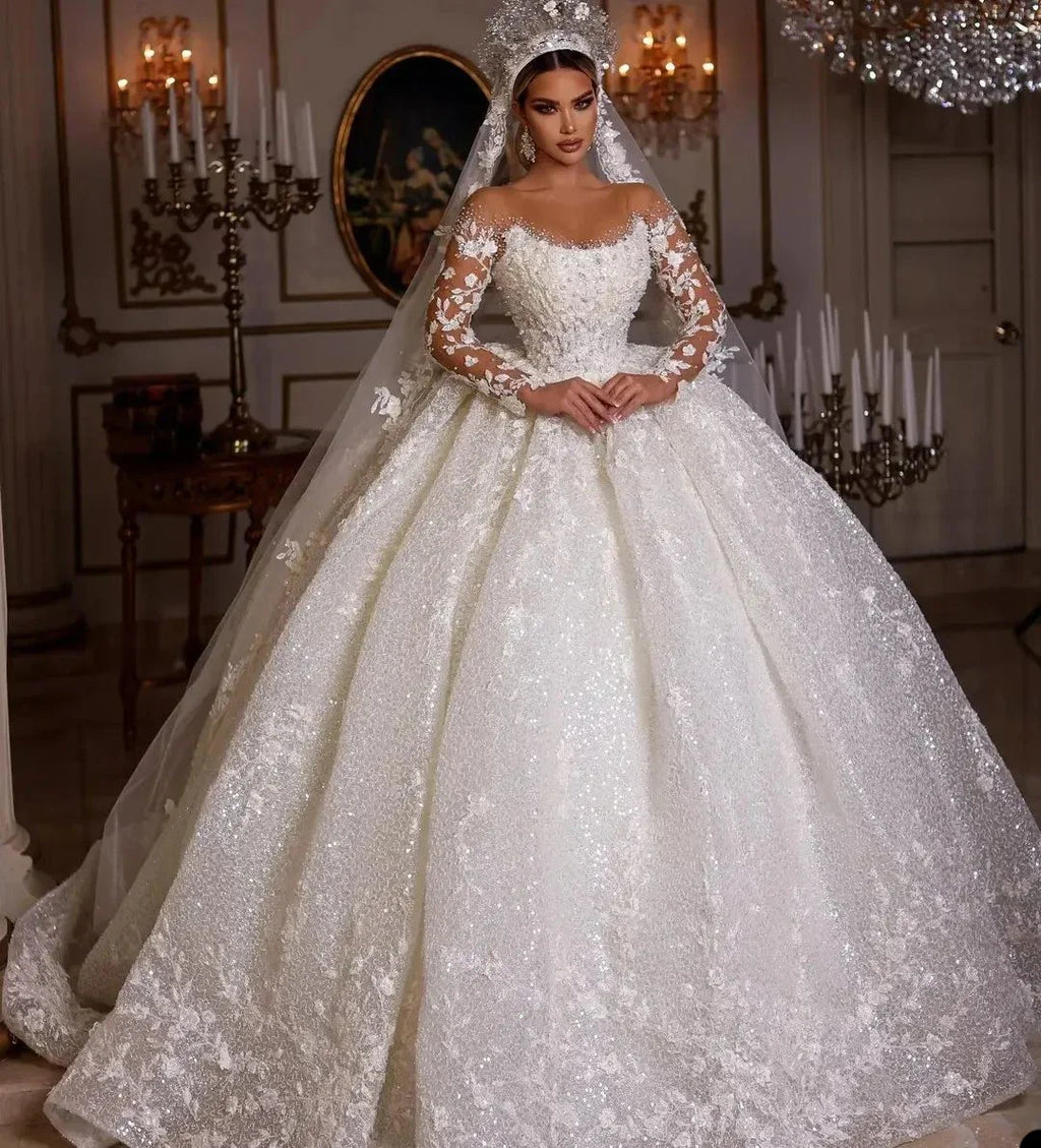 Long Sleeve Sequin & Pearl Illusion Wedding Dress