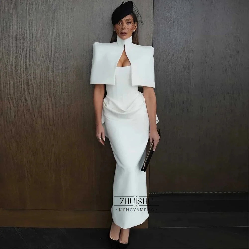 Vintage Wedding Guest Dress with Cape Elegant White Party Evening Gowns Mermaid White Cocktail Dresses Ankle-length Customized