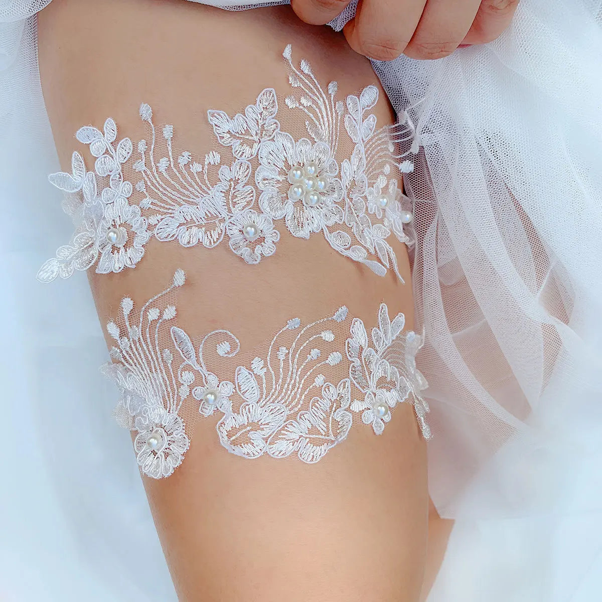 Embroidered Flower and Pearl Bridal Garter