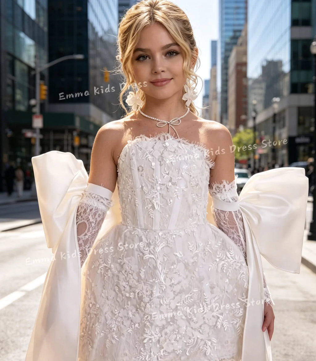 Custom Flower Girl Dress White Tulle Wedding Floral Appliqué Multi-layer Sleeveless Suitable for S and Communion