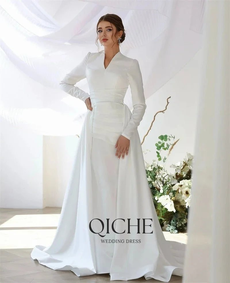 QICHE Modest Muslim Wedding Dresses Long Sleeve Luxury Floor Civil Bride Dresses Plus Customized 2026 Evening Prom Party Gowns