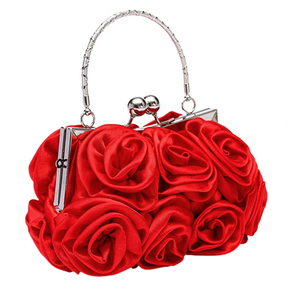 Women Girls Silk Rose Flower Handbag Wedding Bridal Clutch Bag Metal Chain Shoulder Bag Lady Crossbody Bags Purse Chic Tote Bag