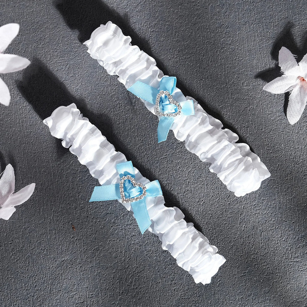 Blue Bow Wedding Garter 2pcs/set Bride Dress Accessories for Women Party Rhinestone Lace Bowknot Bridal Leg Garter Gift