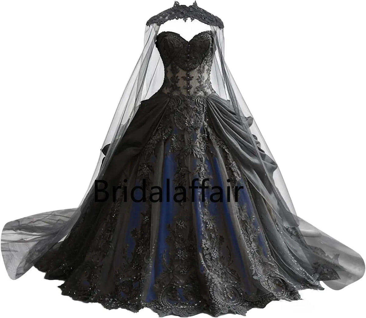 Gothic Weeding Dresses for Brides Black Lace Applique Bridal Dresses Embroidery Tiered Tulle Wedding Gowns with Cape