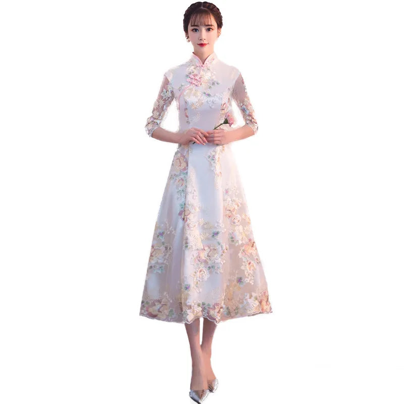 Floral Embroidered Satin Cheongsam Gown