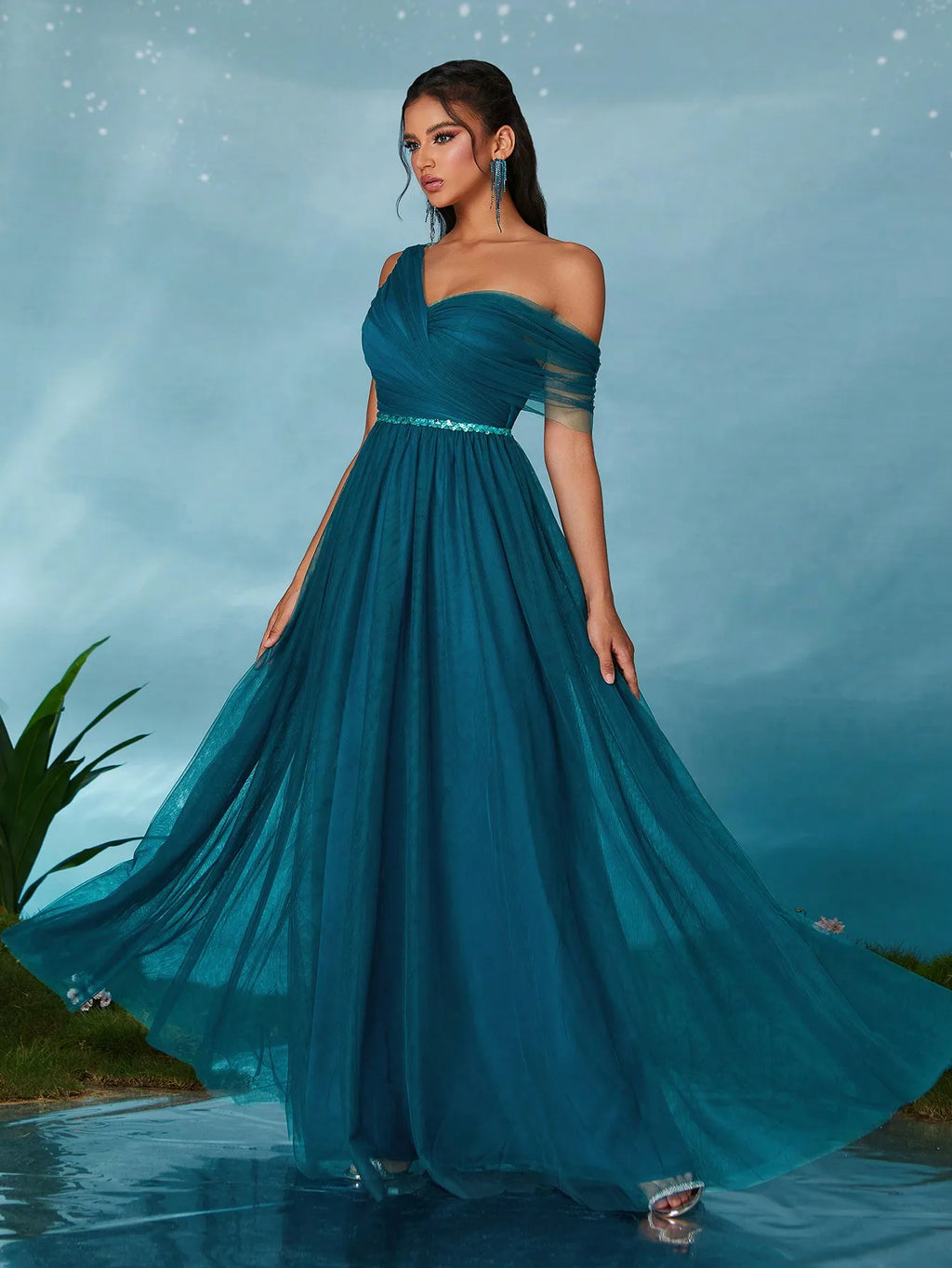 Royal Blue One Shoulder Sequin Sash Bridesmaid Dress
