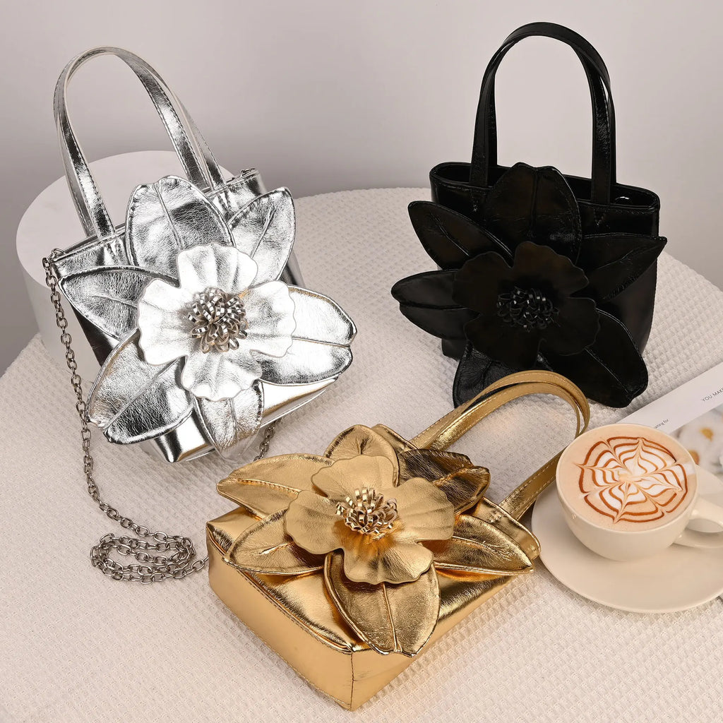 3D Floral Soft PU Leather Women Bucket Handbag Wedding Purse Dress Party Evening Bridal Clutch Bag