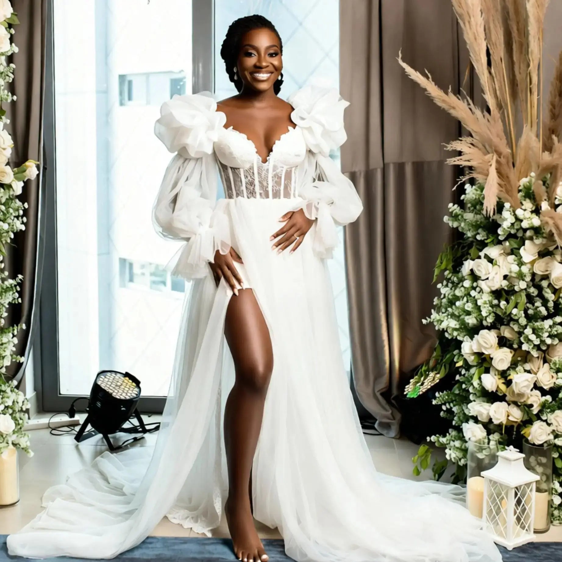 Long Sleeve Bridal Robe Women Bathrobe Lace-up Back Wedding Party Nightgown Africa Bridal Shower Gowns