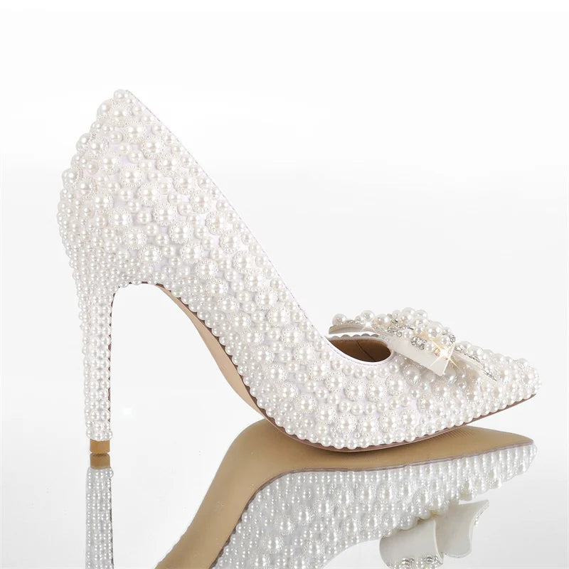 Onlymaker Women Pointed Toe White Bridal Pumps Slip-On Pearl Crystal 11CM Thin Heels Party Wedding Bride Stiletto Shoes