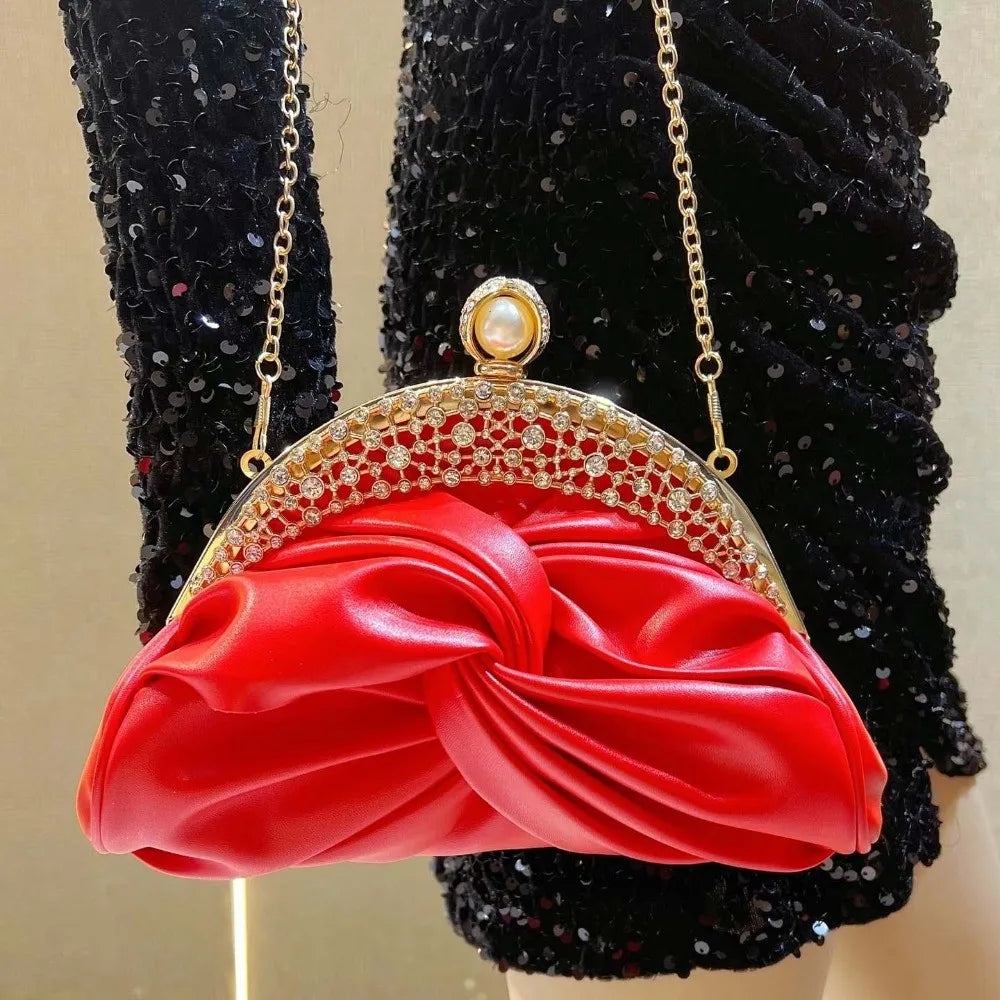 Sparkly Rhinestone Evening Clutch Pleated Hollow-out Bridal Wedding Purse Glittery Chic Ruched Knot Bag Hostess