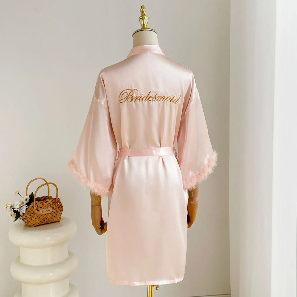 Feather Trim Satin Bridal Robe