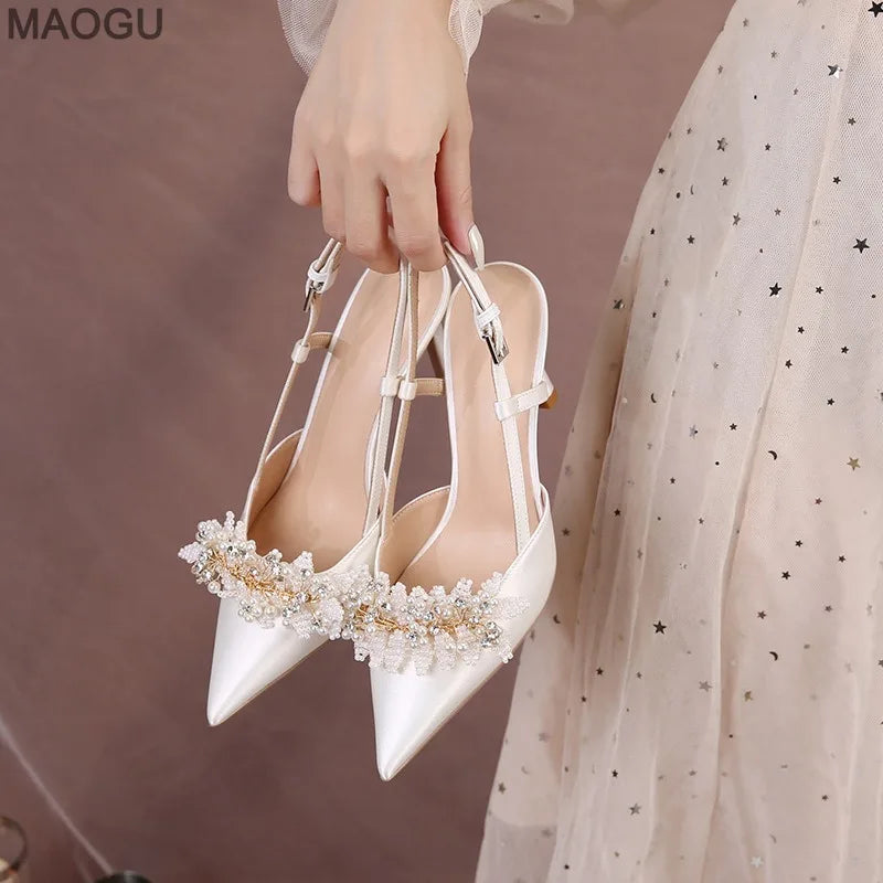 Pearl Rhinestone Pointed Toe Stiletto Heel Sandals Satin Bridal Wedding Shoes Elegant Evening Party Women's Shoes White Heels
