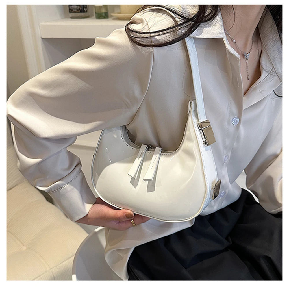 Fashion Half Moon Patent Leather Underarm Bag Summer Women'S Emperament Party Handbags All-Match Wedding Bridal Bags