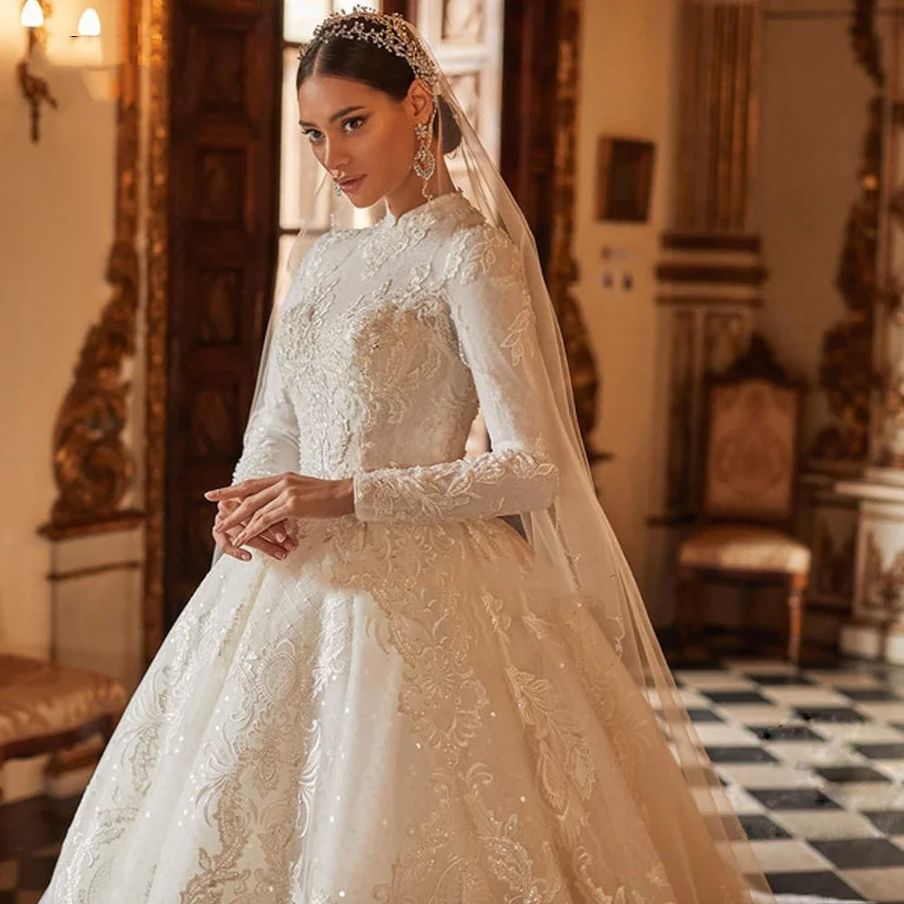 Customized Muslim Wedding Dresses High Collar Beading Appliques Lace Full Sleeves Princess Bride Gowns Vestidos De Novia