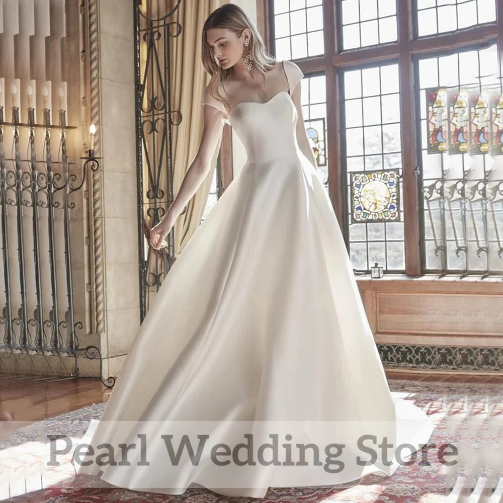 Vintage Sweetheart Wedding Dress Cap Short Sleeve A-Line Satin with Button Floor Length Bridal Robe De Mariée Sweep Train Gowns