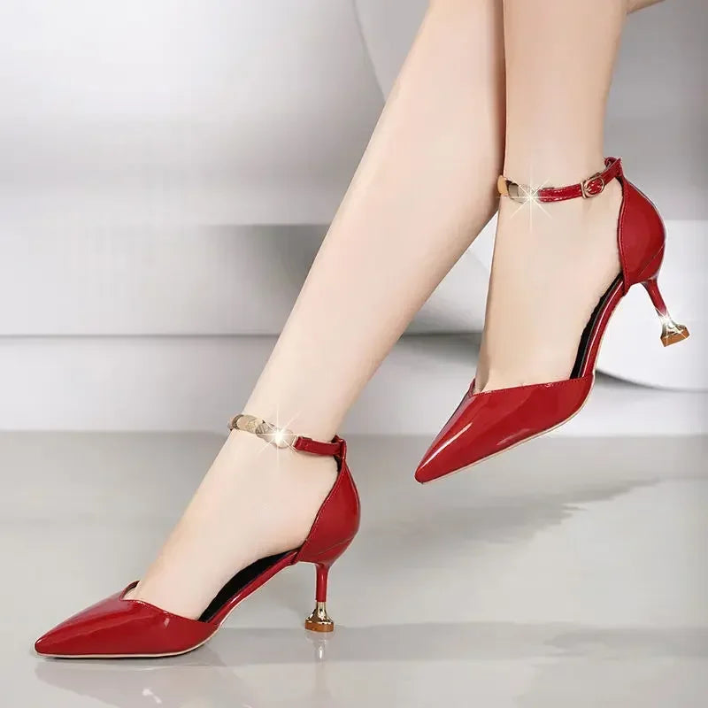 2025 Zapatos De Mujer Women Fashion Sweet Pointed Toe Buckles Strap Stiletto Heels Lady Cool Red Party Heel Shoes White Heels