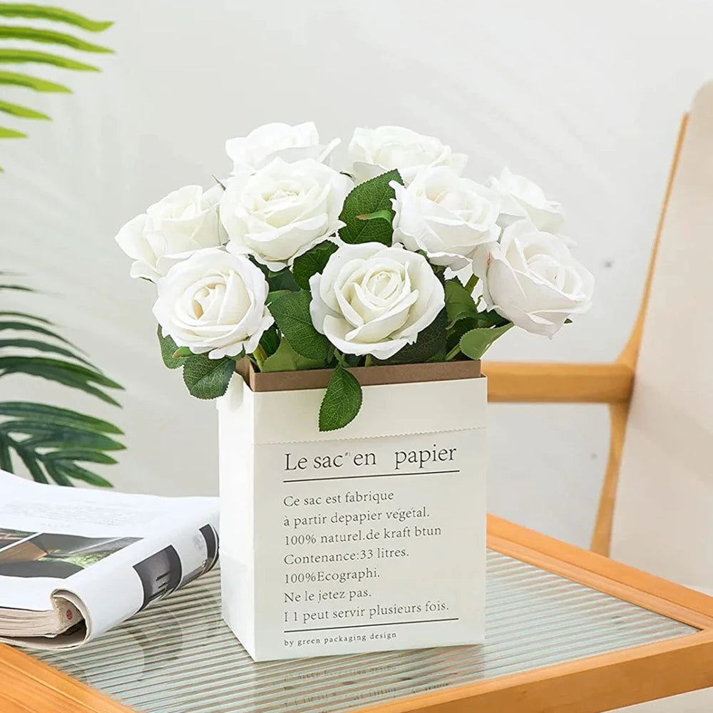 10pcs Artificial Flowers Silk Roses Long Branch Valentine's Day Bridal Bouquets Wedding Home Vase Table Decorations DIY Gift Box