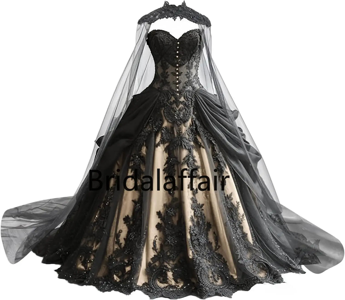 Gothic Weeding Dresses for Brides Black Lace Applique Bridal Dresses Embroidery Tiered Tulle Wedding Gowns with Cape