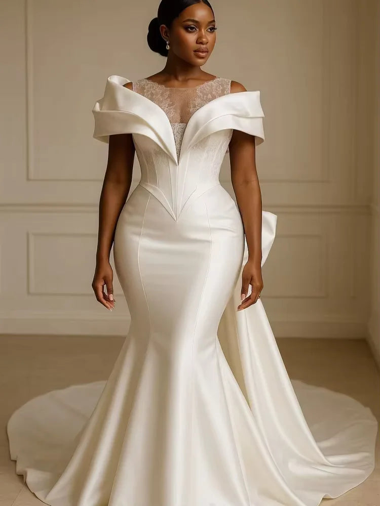 South African Wedding Dresses Mermaid Off The Shoulder Lace Bow Women Bridal Wedding Gowns For Black Girls Customized