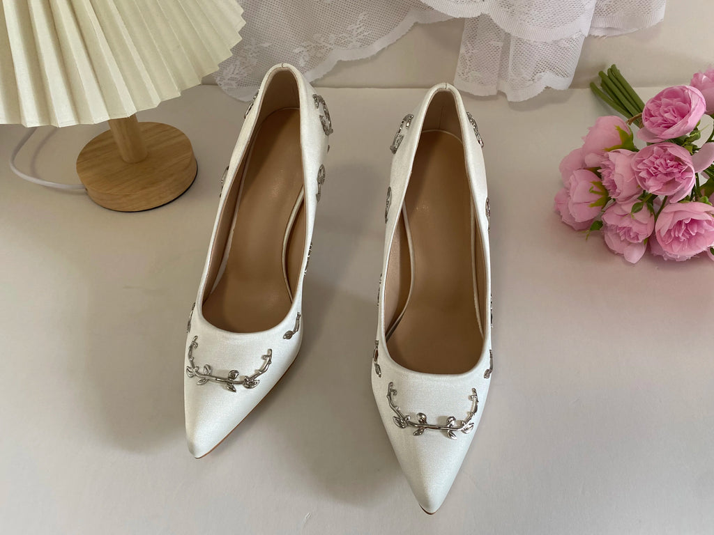 Luxury Leaves Metal Heel Pumps Women Shoes Pointed Toe Blue White Pink Black Silk Stiletto High Heels Wedding Bride Shoes 10cm