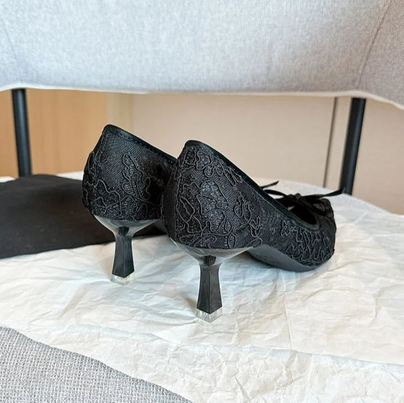 Wedding Shoes Bridal Pumps for Women Elegant Lace with Bow Decor Pointed Toe Mesh Stiletto Heels Comfortable Classic Party