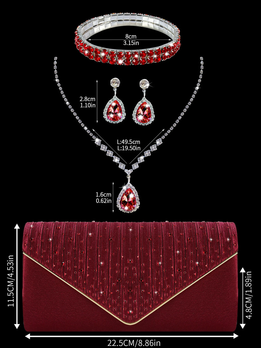 Elegant party clutch embellished with gorgeous rhinestones, paired with stunning rhinestone necklace, earrings and bracelets.