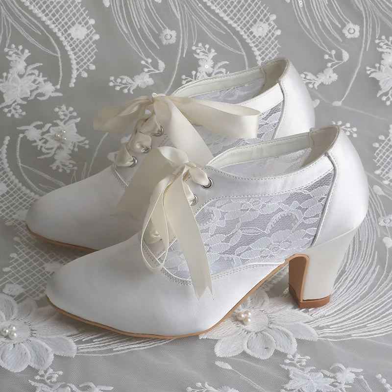 Customized Block Heels Bridal Shoes Boots Ivory Satin and Lace Ribbon Tie Wedding Boots for Dancing 7CM