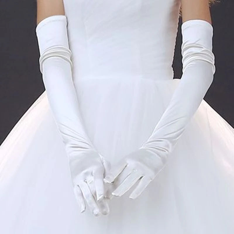 Silk Satin Bridal Gloves Over Elbow Length UV Protection Wedding Accessory Womens Stretch Elastic White Black
