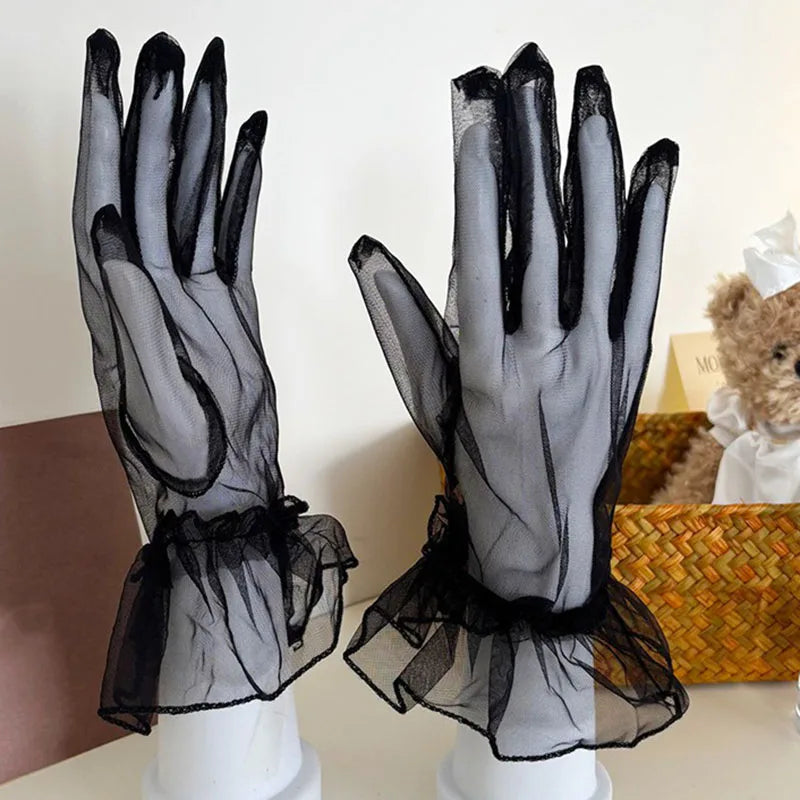 Wedding Gloves Ruffle Summer Women Short Tulle Gloves White Black Wedding Lace Full Finger Mittens Mesh Translucent Gloves