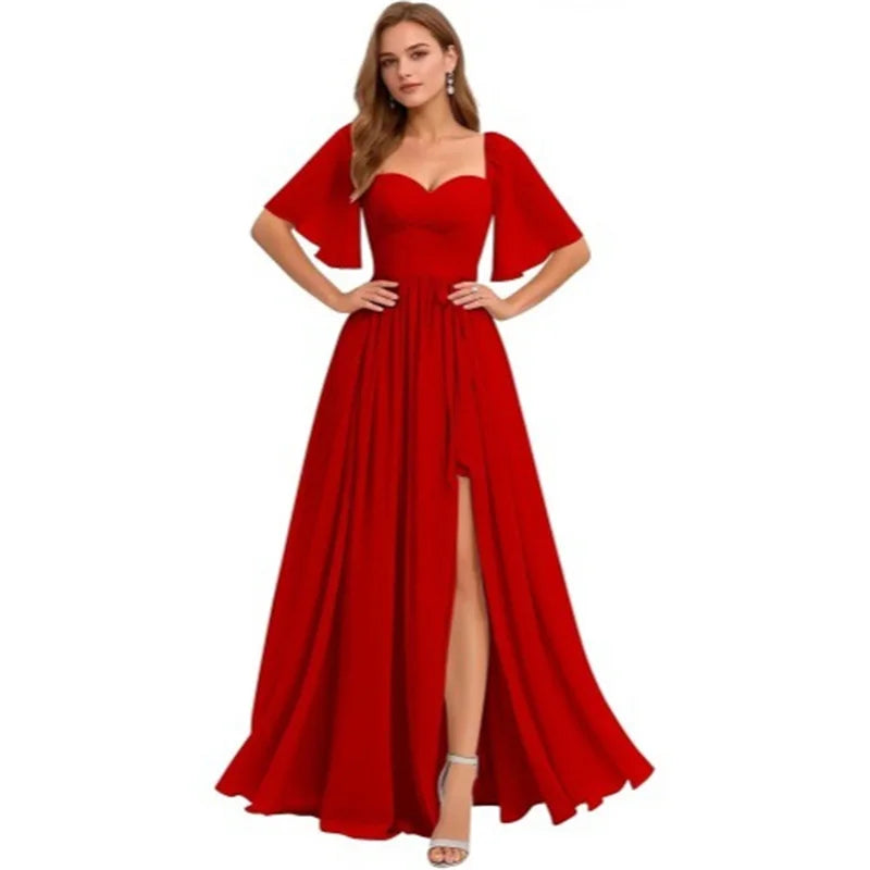 A Line Short Sleeve Chiffon Bridesmaid Dresses One Shouder Slit Pleat Elegant Wedding Party Formal Prom Evening Lace Up Back