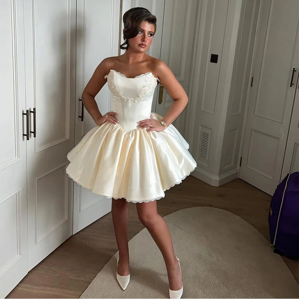 Beige Wedding Dress Puffy Ball Gown Beading Applique Lace V Neck Short Wedding Gowns for Women Lace Up Ruched Corset Bridal Gown