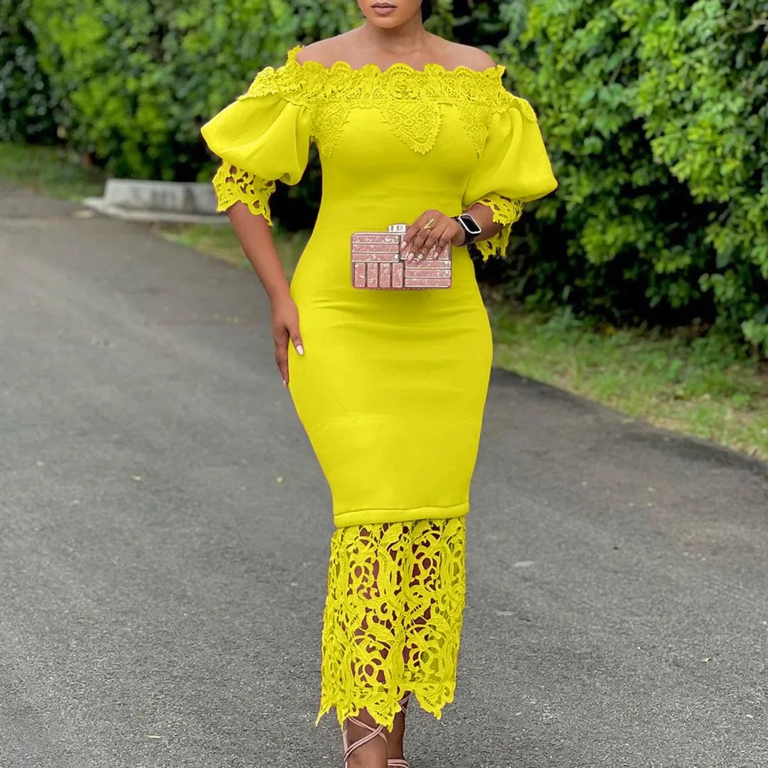 Off-Shoulder Lantern Sleeve Lace Sheath Dress