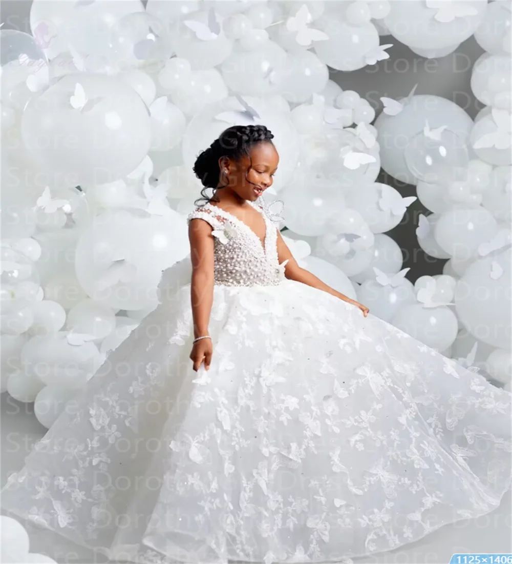 V-Neck Butterfly Pearl Flower Girl Dress