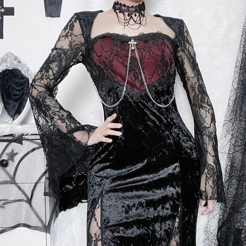 Goth Dark Elegant Mall Gothic Women Evening Dresses Grunge Aesthetic E-girl Velvet Midi Dress Lace Splice Sexy Split Alt Outfits