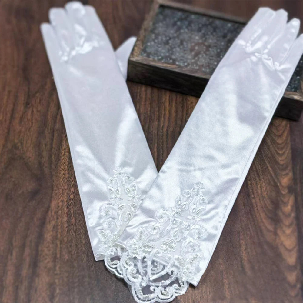 1Pair Women's Long Wedding Gloves Satin Lace and Embroidery Gloves Wedding Accessories Gloves Bridal Costume Accessories Set