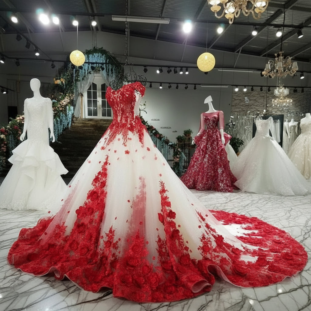 Vintage Victorian Gothic Wedding Dress Burgundy 3D Floral Embroidery Appliques Corseted A-Line Long Customised Bridal Gowns