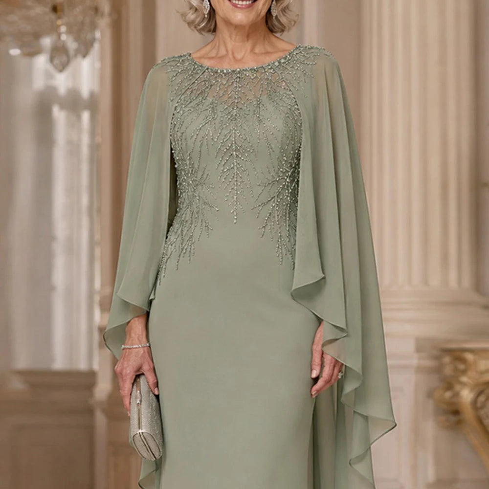 Customized Mother of The Bride Dress Cape Sleeves Pleated Scoop Neck Beading Chiffon Mermaid Wedding Guest Gowns Party Dresses
